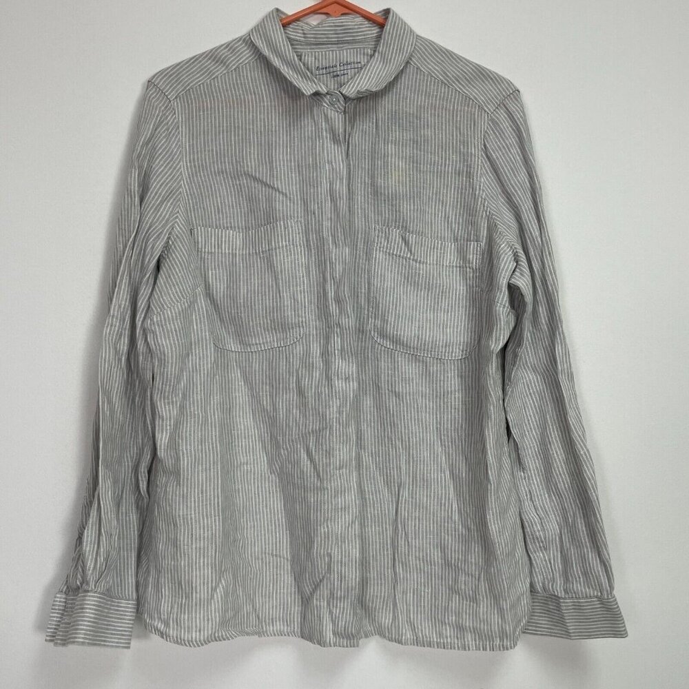 M&S Essentials Collection Womens Gray White Striped Linen Shirt Top Size 16 New